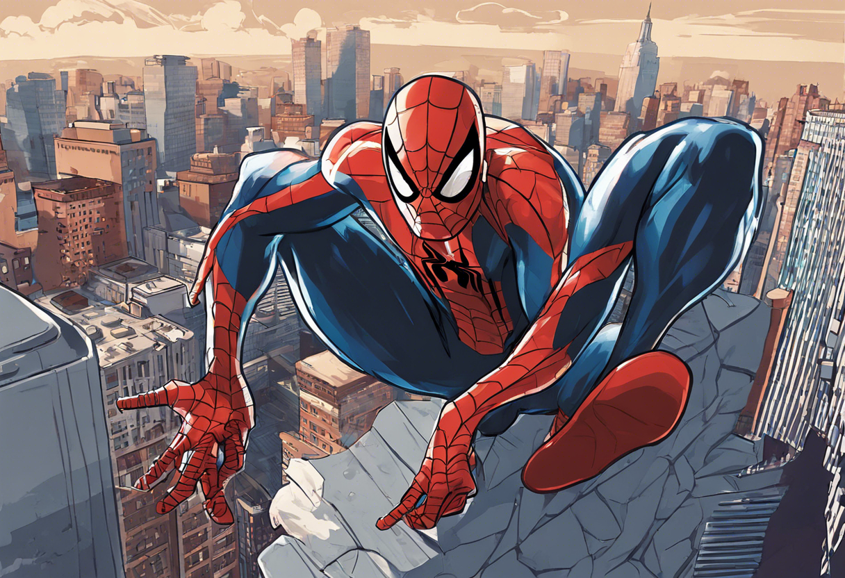 Create a detailed, full-color illustration of Marvel's Spider-Man. Depict him with his distinctive red and blue suit, featuring its iconic web pattern. Capture the character in a dynamic pose within an urban setting, possibly swinging between skyscrapers or crouched on a building ledge, to reflect his agility and connection to New York City.