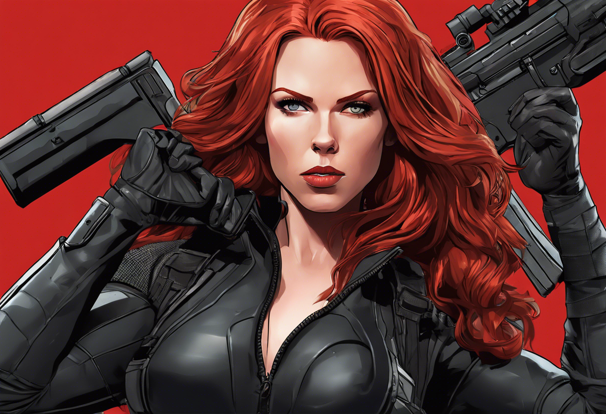 Create a realistic, full-color illustration of Marvel's Black Widow character. Capture her iconic look which includes her long red hair, pale skin, and black tactical suit. Ensure the background complements her and reflects a typical scene from her adventures.