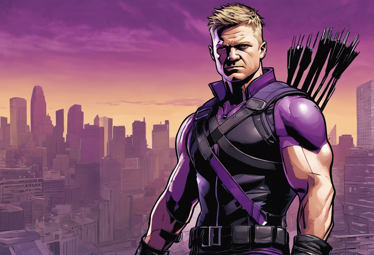 Create a detailed, color illustration of Marvel's comic character Hawkeye, featuring his signature purple and black costume. Capture his blonde hair and fair skin, set against a dynamic cityscape background.