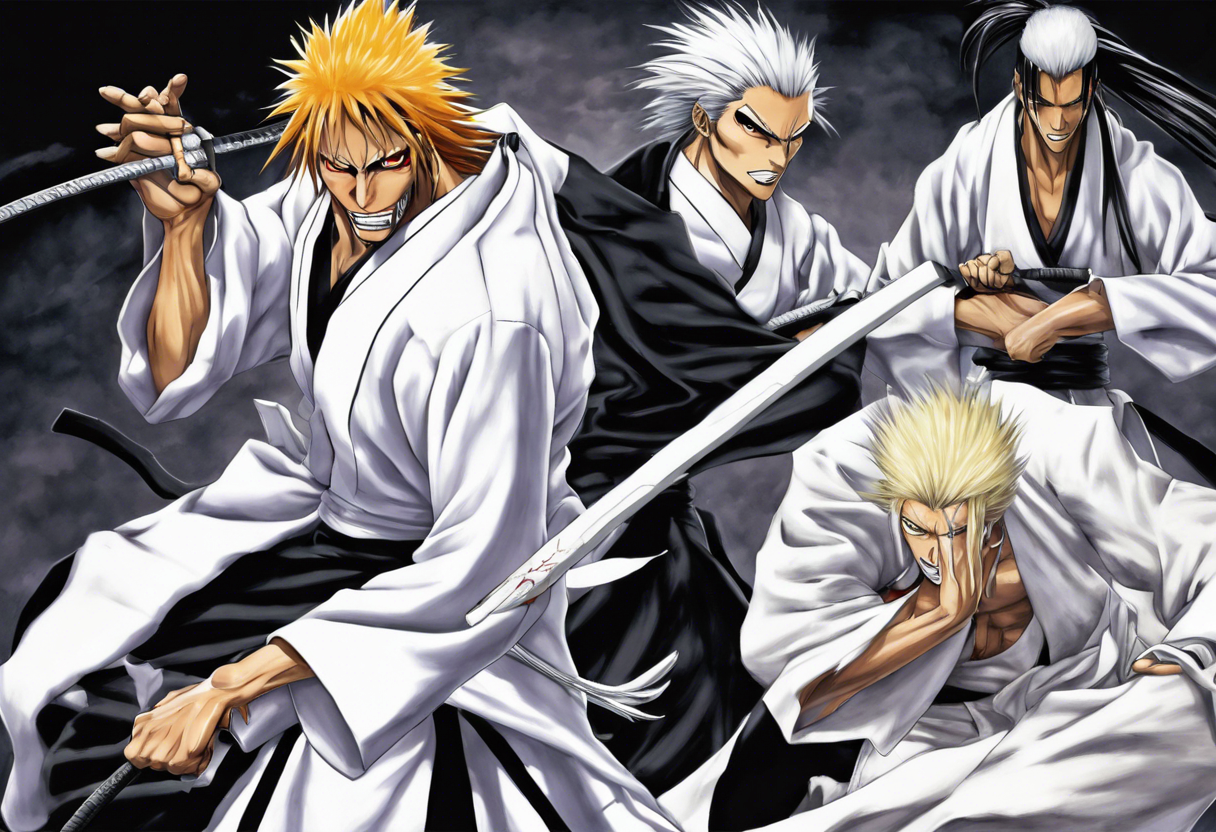 Create a detailed, realistic color illustration depicting the Arrancar vs. Shinigami Arc from the anime 