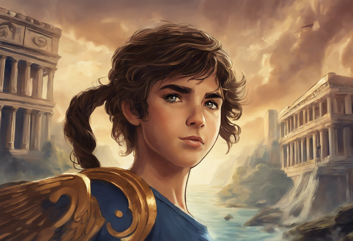 A realistic photo of a scene in Percy Jackson & the Olympians by Rick Riordan book with the character Athena in it.