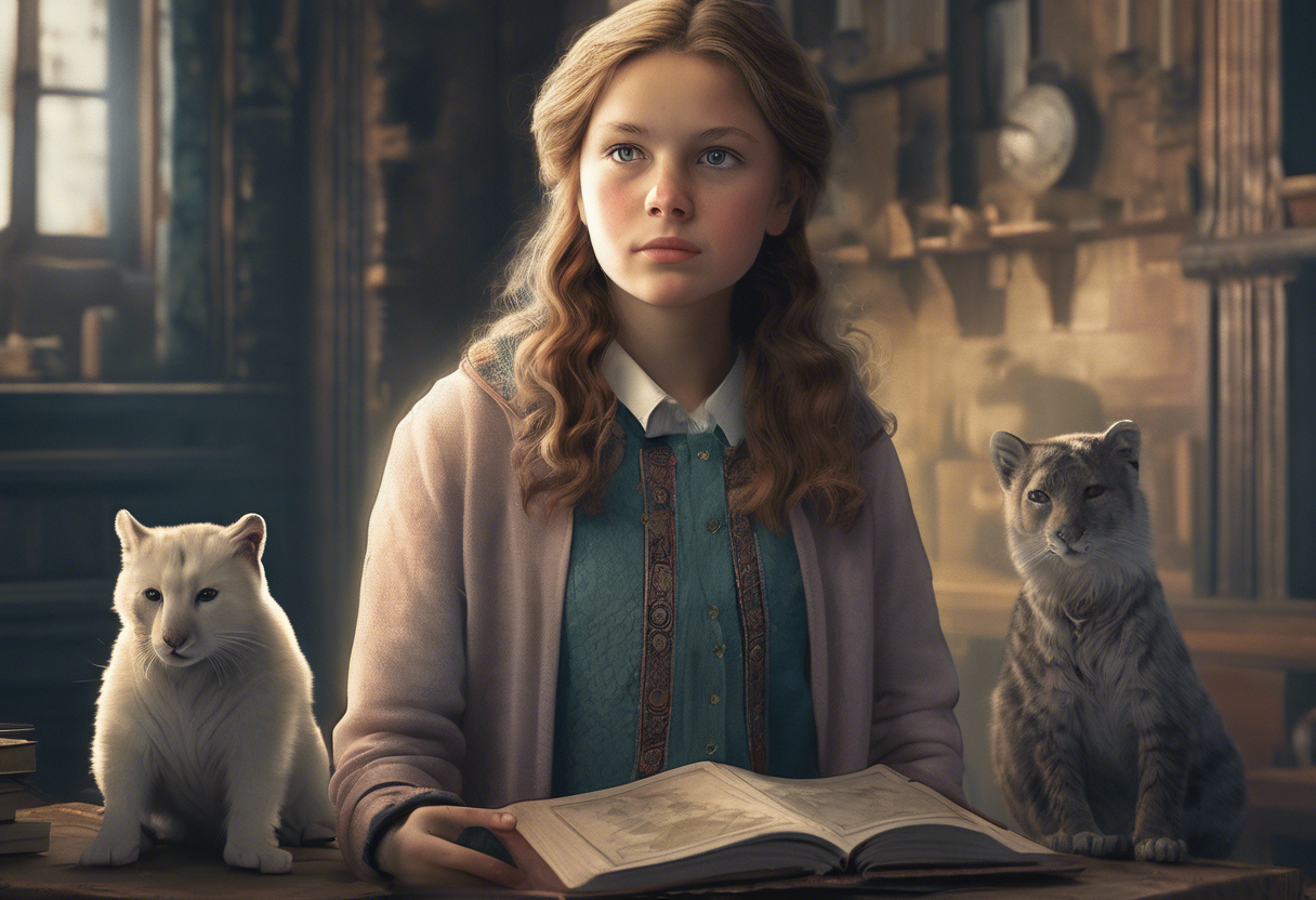 A realistic photo of a scene in His Dark Materials by Philip Pullman book with the character Serafina Pekkala in it.