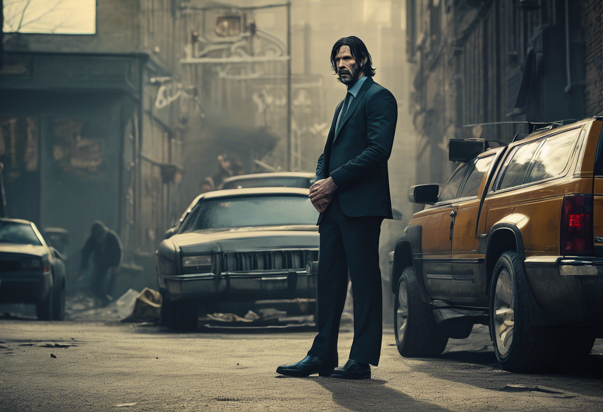 Please provide a high-resolution image of the character Ernest, played by NBA star Boban Marjanović in the John Wick film series. Include details such as his pale skin, dark hair, and the distinctive clothing he wears in the scenes. Additionally, ensure that the background of the image captures the dark, moody setting typical of the series.