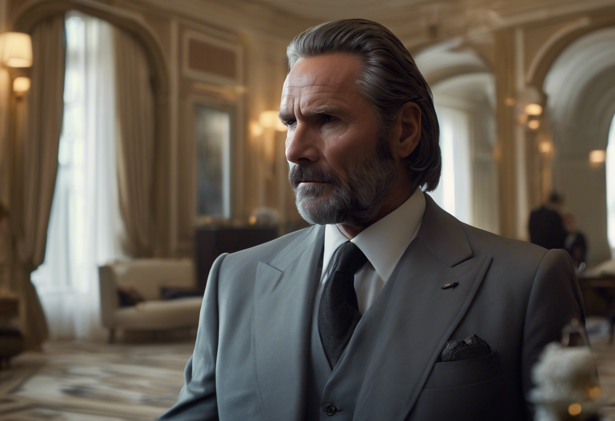 Please provide a high-resolution photo of the character Julius, the manager of the Continental Hotel in Rome, from the John Wick film series. Julius is portrayed by actor Franco Nero. In the image, he should be depicted in his typical elegant attire, preferably with his silvery hair and distinguished beard visible, set against the luxurious backdrop of the hotel's opulent interior.