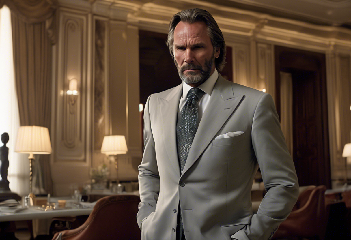 Please provide a high-resolution photo of the character Julius, the manager of the Continental Hotel in Rome, from the John Wick film series. Julius is portrayed by actor Franco Nero. In the image, he should be depicted in his typical elegant attire, preferably with his silvery hair and distinguished beard visible, set against the luxurious backdrop of the hotel's opulent interior.