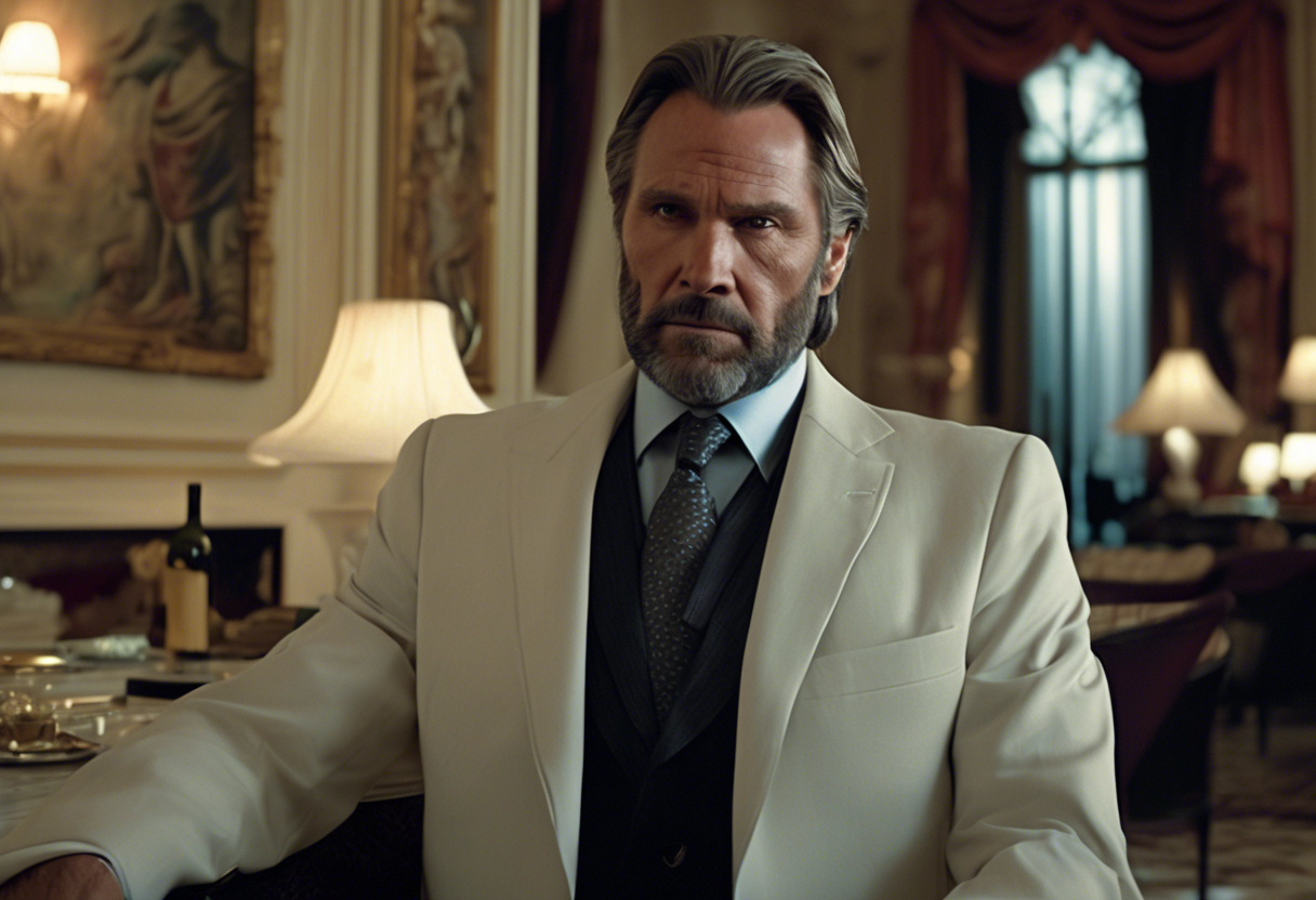 Please provide a high-resolution photo of the character Julius, the manager of the Continental Hotel in Rome, from the John Wick film series. Julius is portrayed by actor Franco Nero. In the image, he should be depicted in his typical elegant attire, preferably with his silvery hair and distinguished beard visible, set against the luxurious backdrop of the hotel's opulent interior.